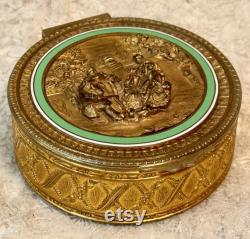 Vintage French Gold Powder Box with Musicians Green Enamel, Gold Dresser Box, Vanity Decor, Decorative Brass Candy Box, Bathroom Decor