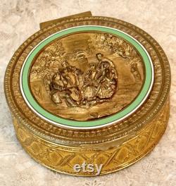 Vintage French Gold Powder Box with Musicians Green Enamel, Gold Dresser Box, Vanity Decor, Decorative Brass Candy Box, Bathroom Decor