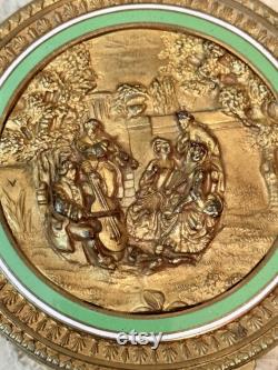 Vintage French Gold Powder Box with Musicians Green Enamel, Gold Dresser Box, Vanity Decor, Decorative Brass Candy Box, Bathroom Decor
