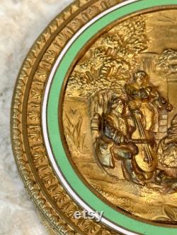 Vintage French Gold Powder Box with Musicians Green Enamel, Gold Dresser Box, Vanity Decor, Decorative Brass Candy Box, Bathroom Decor