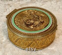 Vintage French Gold Powder Box with Musicians Green Enamel, Gold Dresser Box, Vanity Decor, Decorative Brass Candy Box, Bathroom Decor