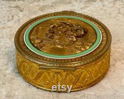 Vintage French Gold Powder Box with Musicians Green Enamel, Gold Dresser Box, Vanity Decor, Decorative Brass Candy Box, Bathroom Decor