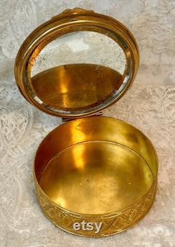 Vintage French Gold Powder Box with Musicians Green Enamel, Gold Dresser Box, Vanity Decor, Decorative Brass Candy Box, Bathroom Decor