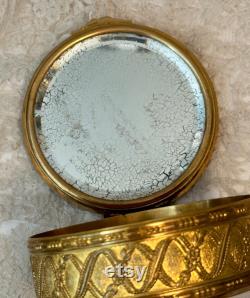 Vintage French Gold Powder Box with Musicians Green Enamel, Gold Dresser Box, Vanity Decor, Decorative Brass Candy Box, Bathroom Decor