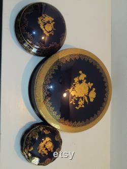 Vintage French Imperia Limoges 6pc Porcelain Dresser Vantity Set Royal Cobolt Blue 22K Gold Accent