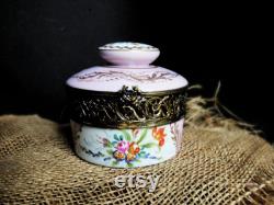 Vintage French Vanity Powder Jar Hand Painted Limoges and Brass Ormolu Dresser Box Trinket Jewelry Box Boudoir Chic