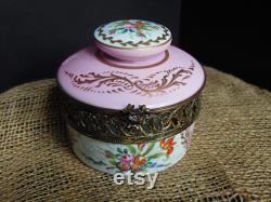 Vintage French Vanity Powder Jar Hand Painted Limoges and Brass Ormolu Dresser Box Trinket Jewelry Box Boudoir Chic