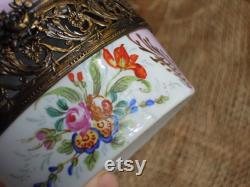 Vintage French Vanity Powder Jar Hand Painted Limoges and Brass Ormolu Dresser Box Trinket Jewelry Box Boudoir Chic