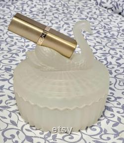 Vintage Frosted Glass Swan Powder Jar and Lipstick Holder, Jeanette Glass Company