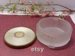Vintage Frosted Glass Trinket Box Mid Century Gold Tone Floral Jar