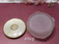 Vintage Frosted Glass Trinket Box Mid Century Gold Tone Floral Jar