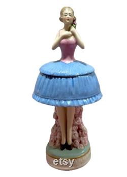 Vintage German Half Doll Figural Powder Box Dresser Jar Art Deco Pink Blue