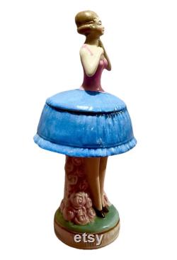 Vintage German Half Doll Figural Powder Box Dresser Jar Art Deco Pink Blue