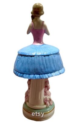 Vintage German Half Doll Figural Powder Box Dresser Jar Art Deco Pink Blue