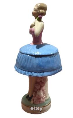 Vintage German Half Doll Figural Powder Box Dresser Jar Art Deco Pink Blue