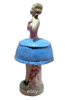 Vintage German Half Doll Figural Powder Box Dresser Jar Art Deco Pink Blue