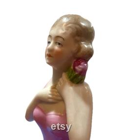 Vintage German Half Doll Figural Powder Box Dresser Jar Art Deco Pink Blue