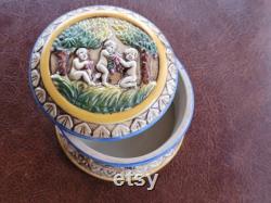 Vintage German Porcelain Powder Jar Putti and Fruit Tree Trinket Dish, Vintage Makeup