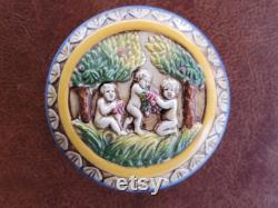 Vintage German Porcelain Powder Jar Putti and Fruit Tree Trinket Dish, Vintage Makeup