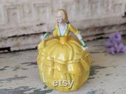 Vintage German Powder Pot Victorian Lady Yellow Dress Antique Victorian Gifts Vanity Gift Ideas