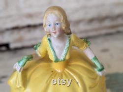 Vintage German Powder Pot Victorian Lady Yellow Dress Antique Victorian Gifts Vanity Gift Ideas