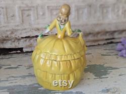 Vintage German Powder Pot Victorian Lady Yellow Dress Antique Victorian Gifts Vanity Gift Ideas