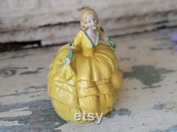Vintage German Powder Pot Victorian Lady Yellow Dress Antique Victorian Gifts Vanity Gift Ideas