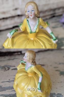Vintage German Powder Pot Victorian Lady Yellow Dress Antique Victorian Gifts Vanity Gift Ideas