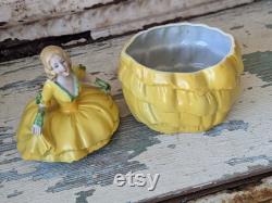 Vintage German Powder Pot Victorian Lady Yellow Dress Antique Victorian Gifts Vanity Gift Ideas