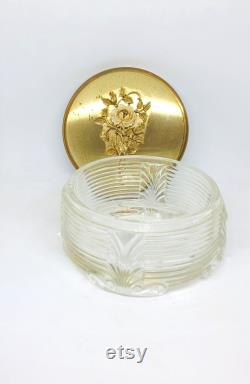 Vintage Glass Jar, Jewelry Jar, Ribbed Glass Vanity Jar, Gold Embossed Jar, Metal Lid Vanity Jar, 3D Rose Lid Jar, Vanity Jar,