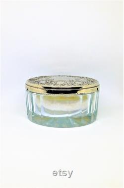 Vintage Glass Jar, Jewelry Jar, Ribbed Glass Vanity Jar, Silver Embossed Jar, Metal Lid Vanity Jar, Collectible Vanity Jar, Mirrored Lid Jar