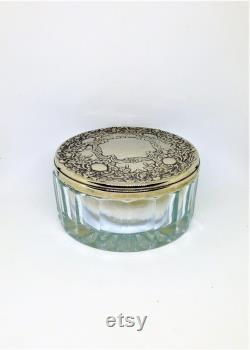 Vintage Glass Jar, Jewelry Jar, Ribbed Glass Vanity Jar, Silver Embossed Jar, Metal Lid Vanity Jar, Collectible Vanity Jar, Mirrored Lid Jar