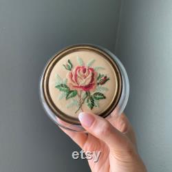 Vintage Glass Powder Jar with Embroidered Roses on Lid