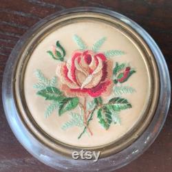 Vintage Glass Powder Jar with Embroidered Roses on Lid