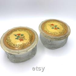 Vintage Glass Powder Jars Set of 2 Retro Vanity Storage Containers Floral Plastic Lids Flower Cottagecore Farmhouse Makeup Trinket Box