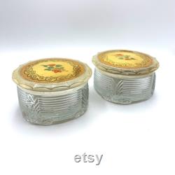 Vintage Glass Powder Jars Set of 2 Retro Vanity Storage Containers Floral Plastic Lids Flower Cottagecore Farmhouse Makeup Trinket Box