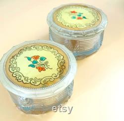 Vintage Glass Powder Jars Set of 2 Retro Vanity Storage Containers Floral Plastic Lids Flower Cottagecore Farmhouse Makeup Trinket Box