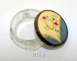 Vintage Glass Powder Puff Holder with Decorative Metal Lid