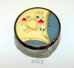 Vintage Glass Powder Puff Holder with Decorative Metal Lid