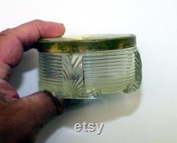 Vintage Glass Powder Puff Holder with Decorative Metal Lid