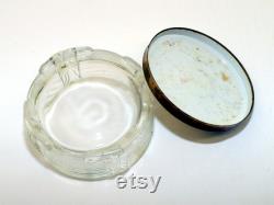 Vintage Glass Powder Puff Holder with Decorative Metal Lid