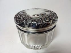 Vintage Glass Power Box Jar Silver Plated Repousse Lid Art Nouveau Vanity Dressing Table