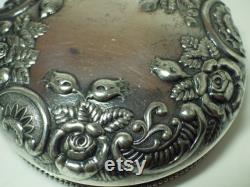 Vintage Glass Power Box Jar Silver Plated Repousse Lid Art Nouveau Vanity Dressing Table