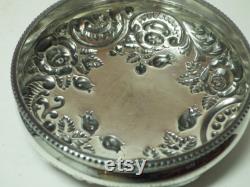 Vintage Glass Power Box Jar Silver Plated Repousse Lid Art Nouveau Vanity Dressing Table