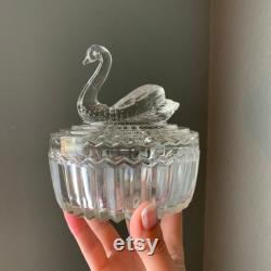 Vintage Glass Swan Powder Jar Jeannette Glass Powder Box with Lipstick Holder