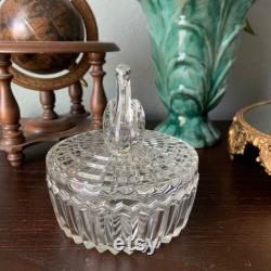 Vintage Glass Swan Powder Jar Jeannette Glass Powder Box with Lipstick Holder