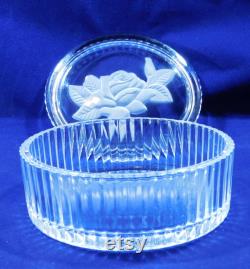 Vintage Glass Vanity Dresser Powder Box Trinket Dish and Lid Clear Frosted Rose Top Ribbed Sides Heavy 4.5 Across 2 Tall Bathroom Decor