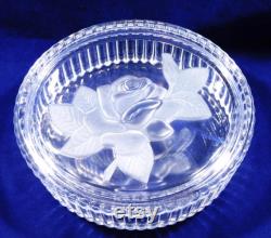 Vintage Glass Vanity Dresser Powder Box Trinket Dish and Lid Clear Frosted Rose Top Ribbed Sides Heavy 4.5 Across 2 Tall Bathroom Decor