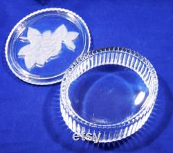 Vintage Glass Vanity Dresser Powder Box Trinket Dish and Lid Clear Frosted Rose Top Ribbed Sides Heavy 4.5 Across 2 Tall Bathroom Decor