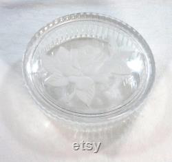 Vintage Glass Vanity Dresser Powder Box Trinket Dish and Lid Clear Frosted Rose Top Ribbed Sides Heavy 4.5 Across 2 Tall Bathroom Decor